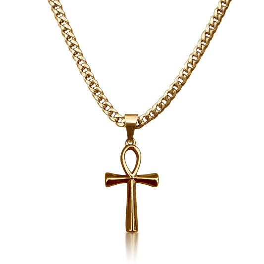 Pro Ankh Cross Pendant Necklace - 14K Gold Plated Stainless Steel