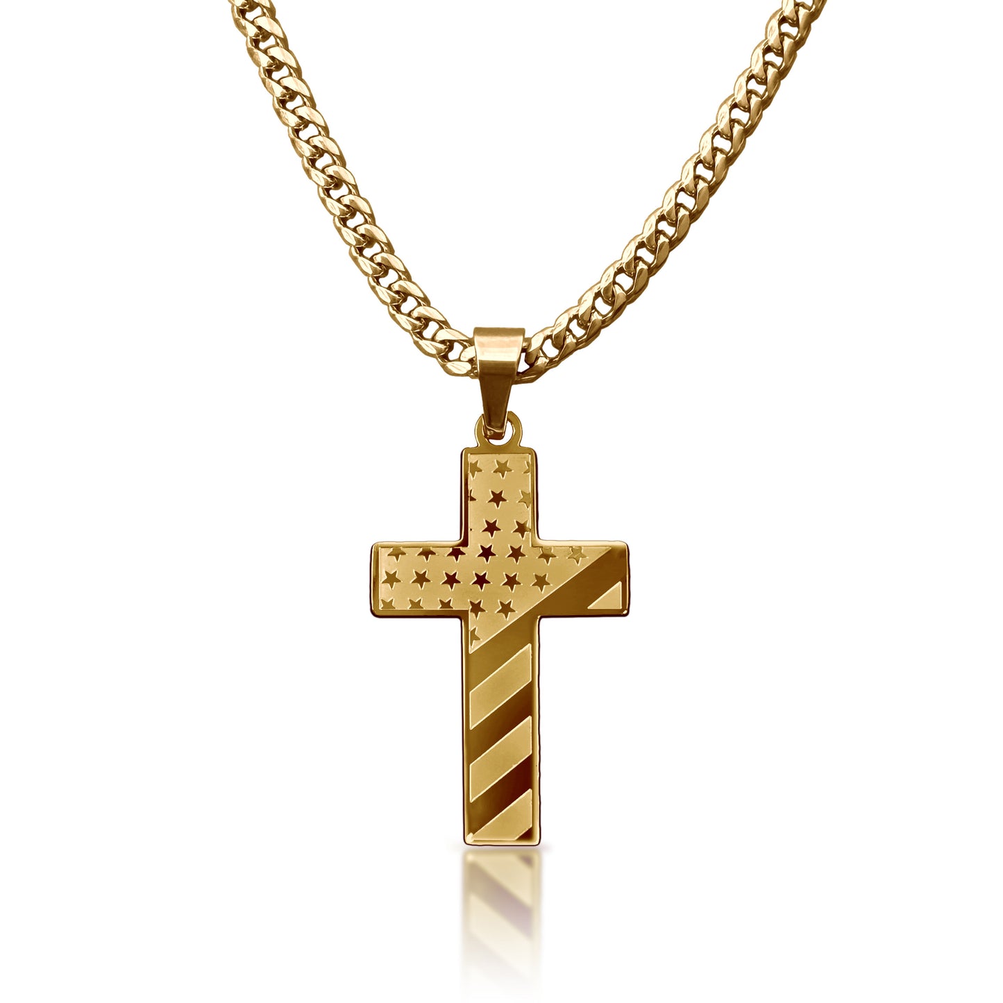 Pro USA Flag Cross Pendant Necklace - 14K Gold Plated Stainless Steel