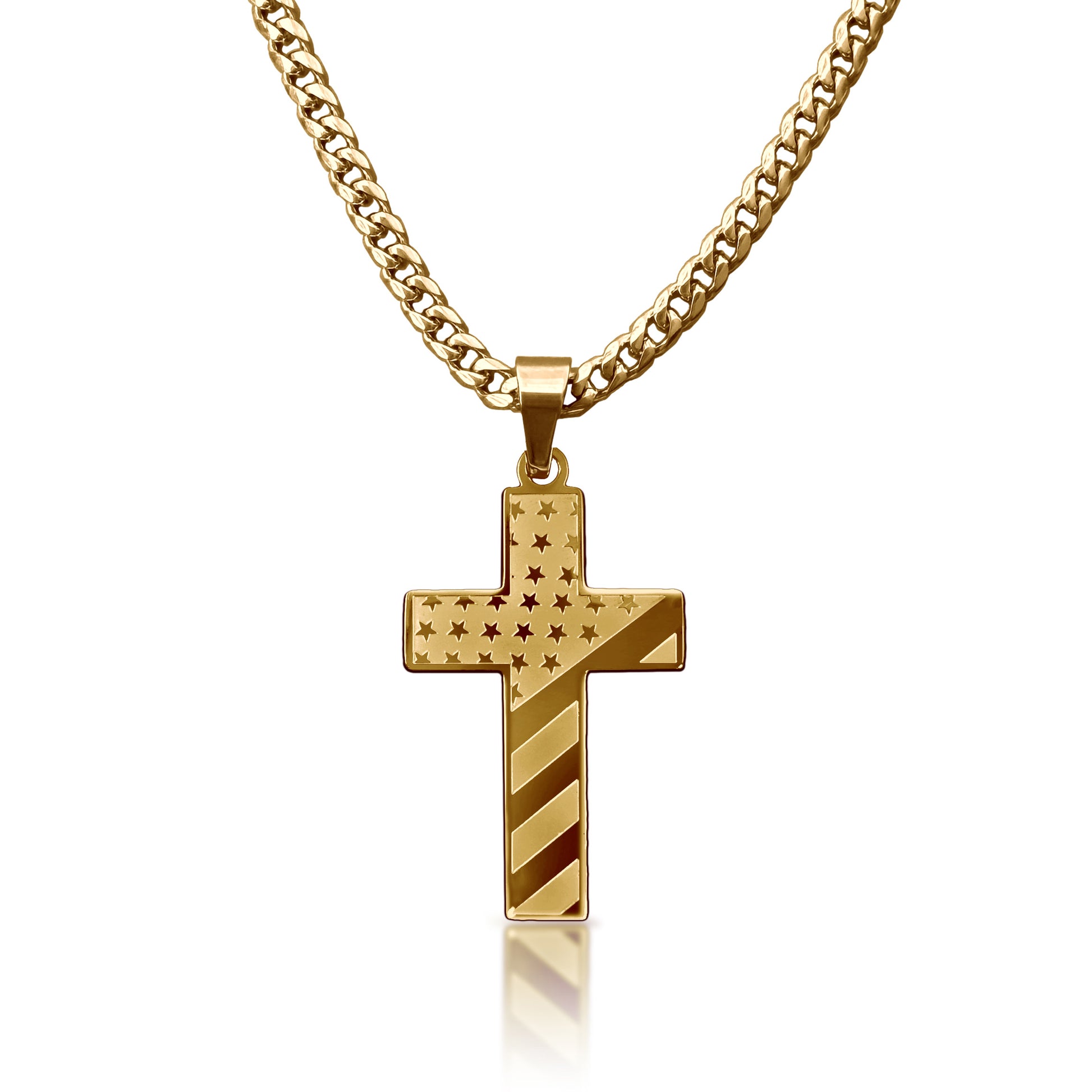 Pro USA Flag Cross Pendant Necklace - 14K Gold Plated Stainless Steel
