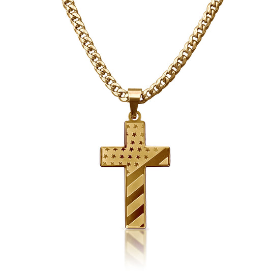 Pro USA Flag Cross Pendant Necklace - 14K Gold Plated Stainless Steel