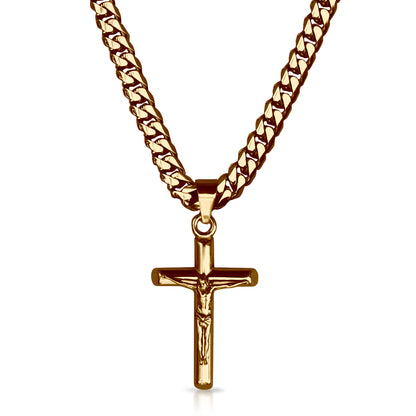 Pro Crucifix Pendant With 6mm Cuban Link Chain Necklace - 14K Gold Plated Stainless Steel