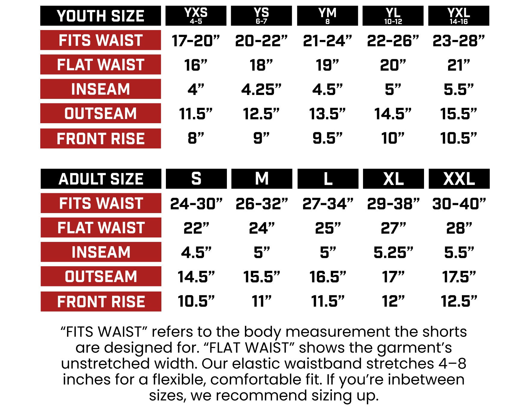 SHORTS SIZE CHART