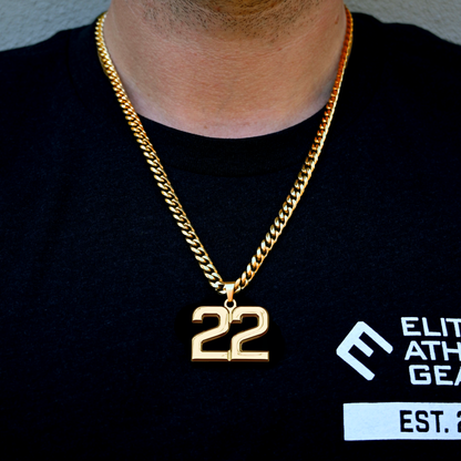 Pro Number Pendant With 6mm Cuban Link Chain Necklace - 14K Gold Plated Stainless Steel