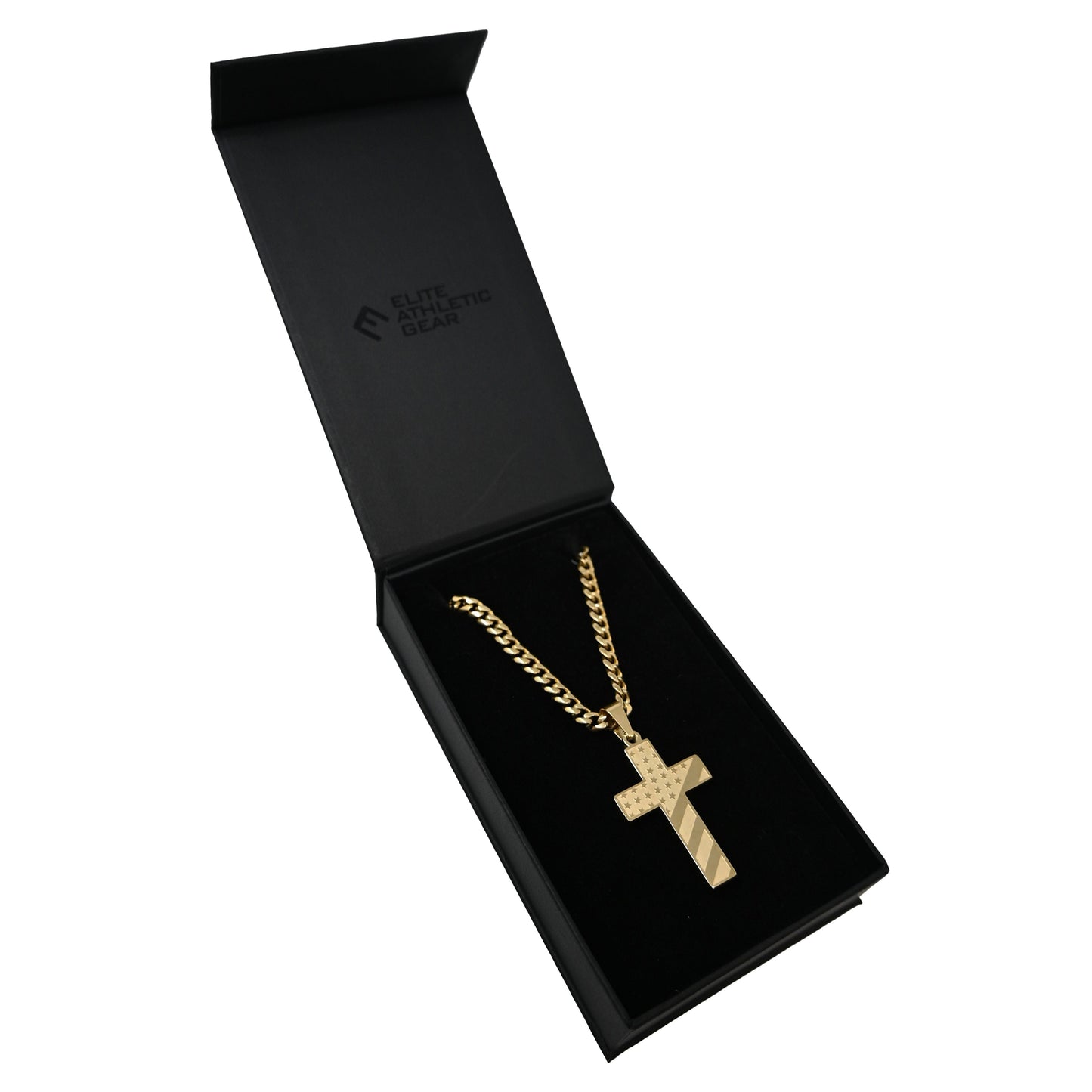 Pro USA Flag Cross Pendant Necklace - 14K Gold Plated Stainless Steel