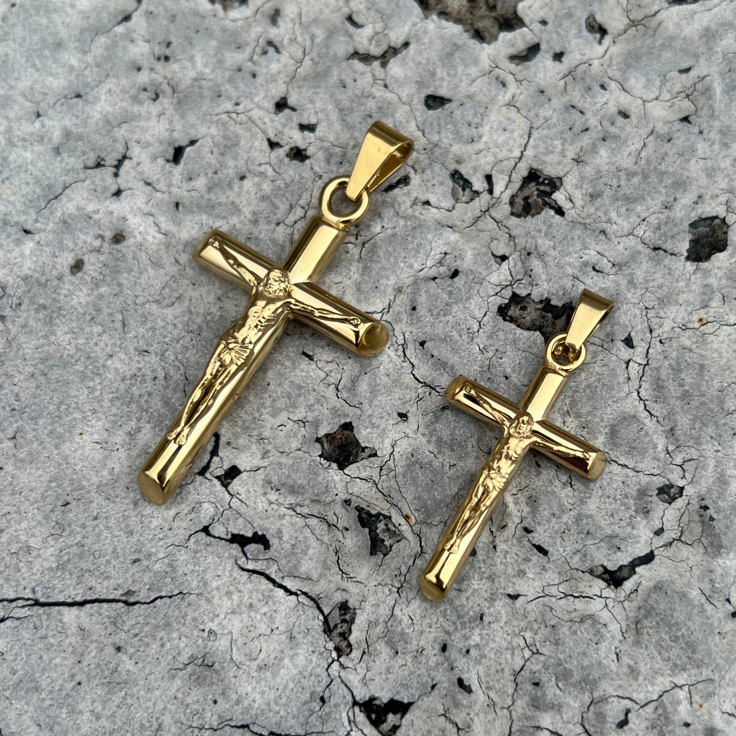 Crucifix Pendant Necklace - 14K Gold Plated Stainless Steel