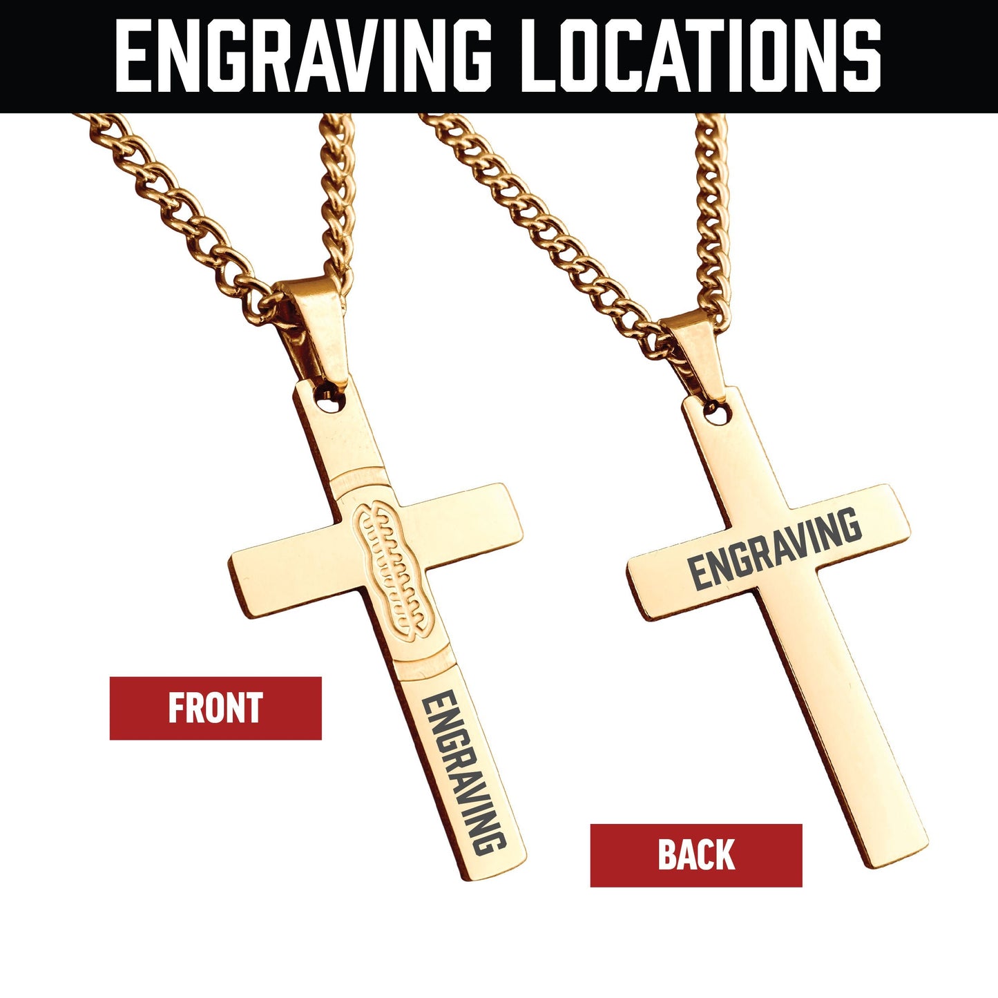 Football Cross Pendant Necklace - 14K Gold Plated Stainless Steel