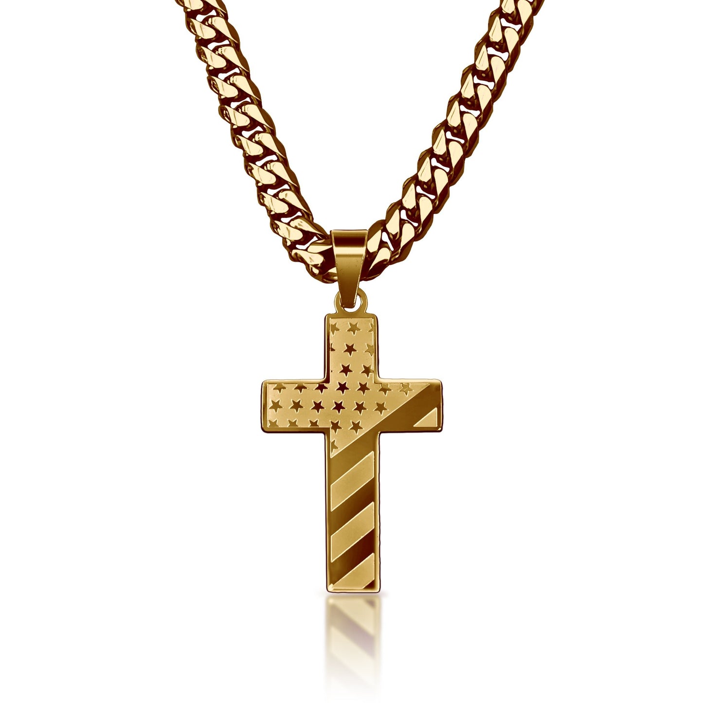Pro USA Flag Cross Pendant Necklace - 14K Gold Plated Stainless Steel