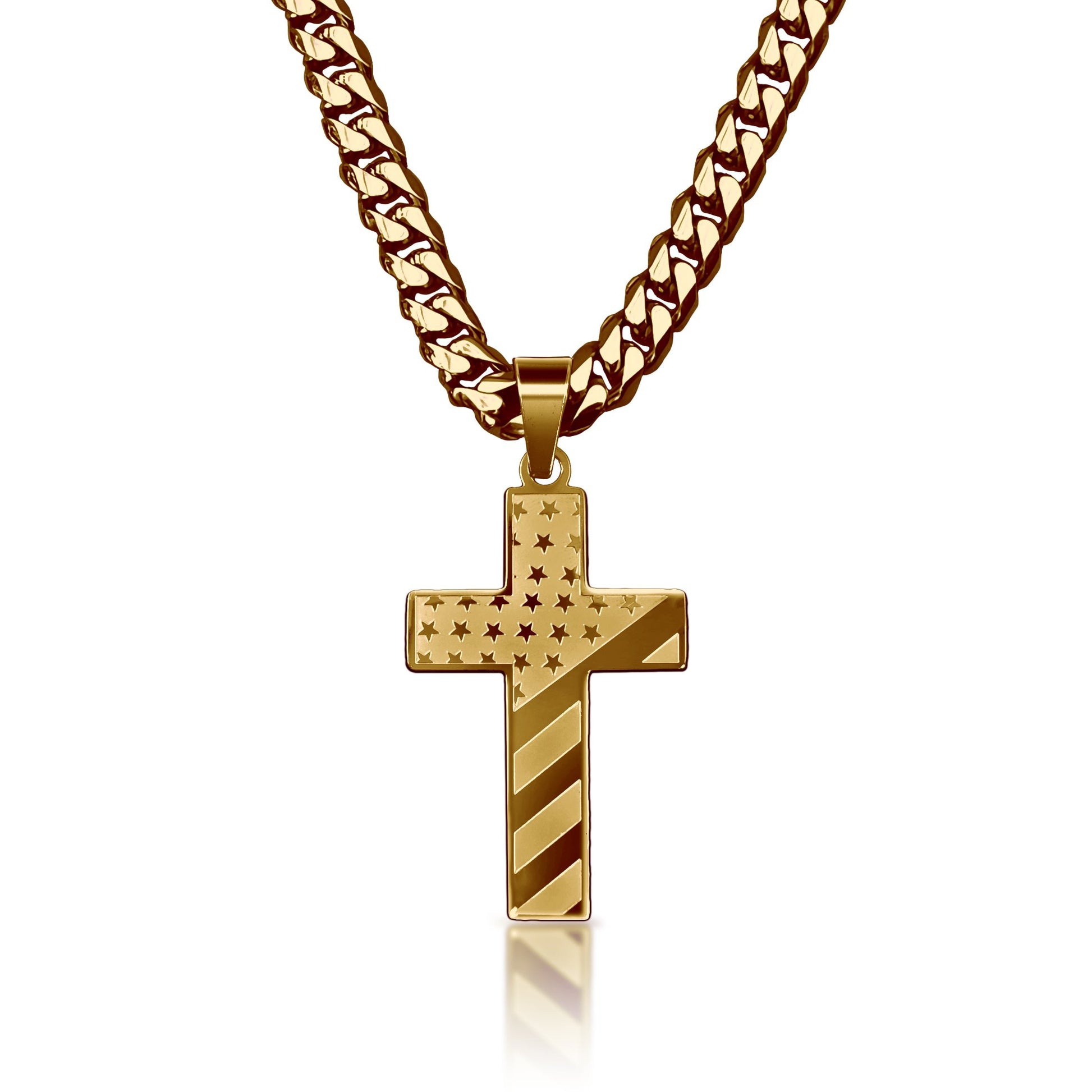 Pro USA Flag Cross Pendant Necklace - 14K Gold Plated Stainless Steel