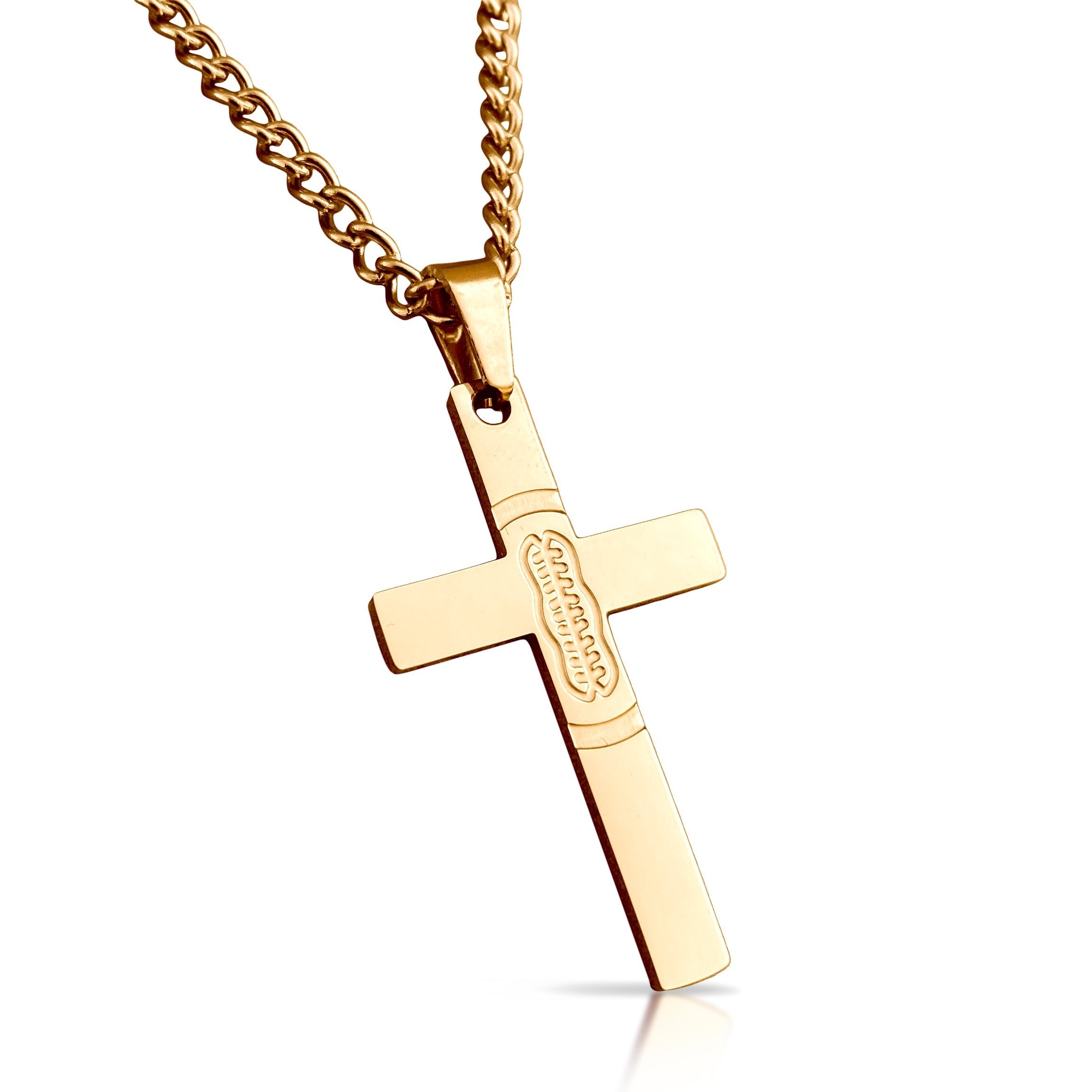 Football Cross Pendant Necklace - 14K Gold Plated Stainless Steel