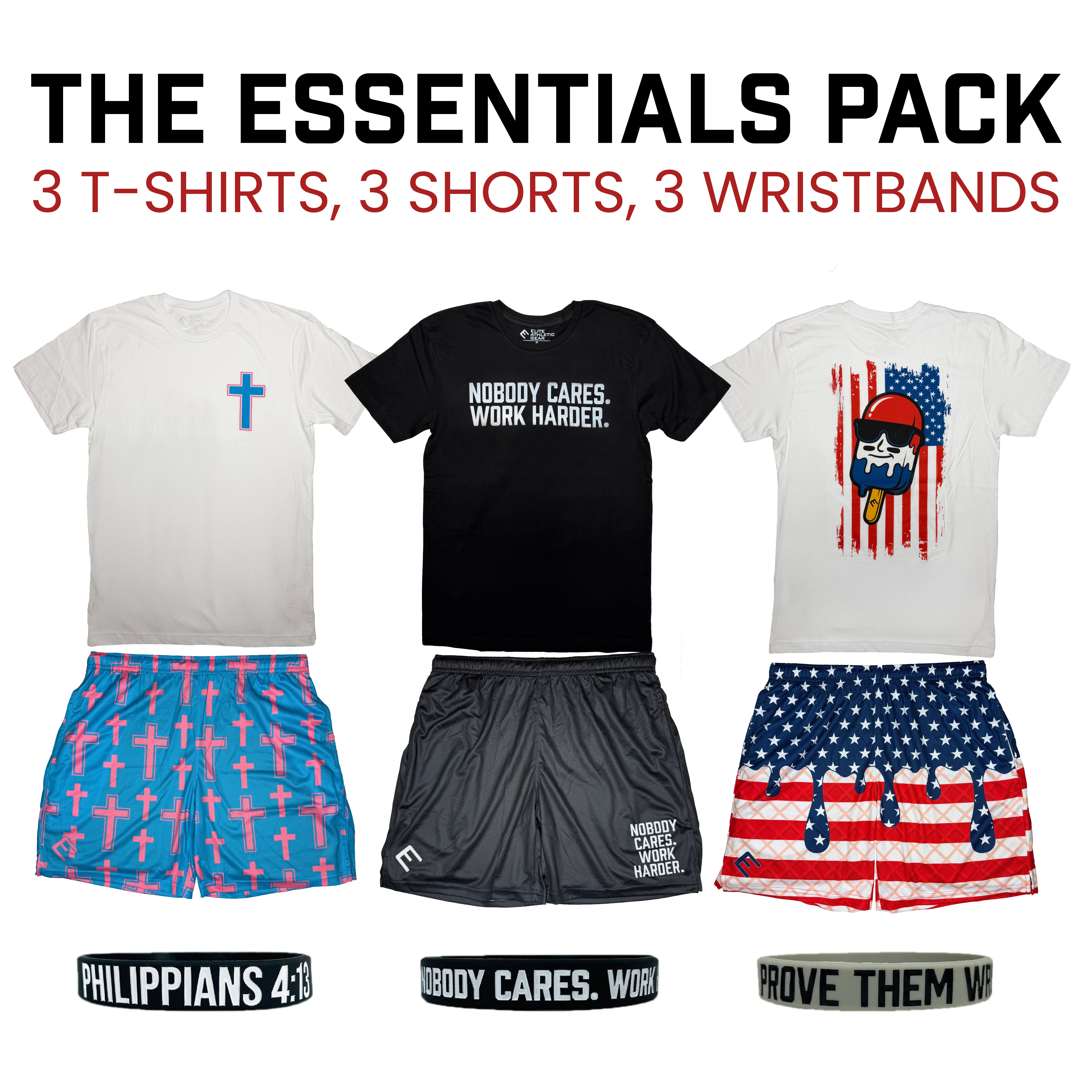 elite athletic gear The Essentials Pack | 3 T-Shirts, 3 Shorts, 3 Wristbands