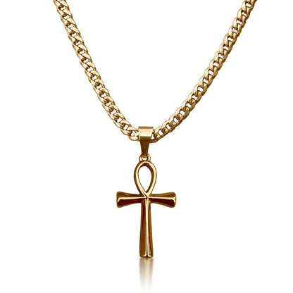 Pro Ankh Cross Pendant Necklace - 14K Gold Plated Stainless Steel