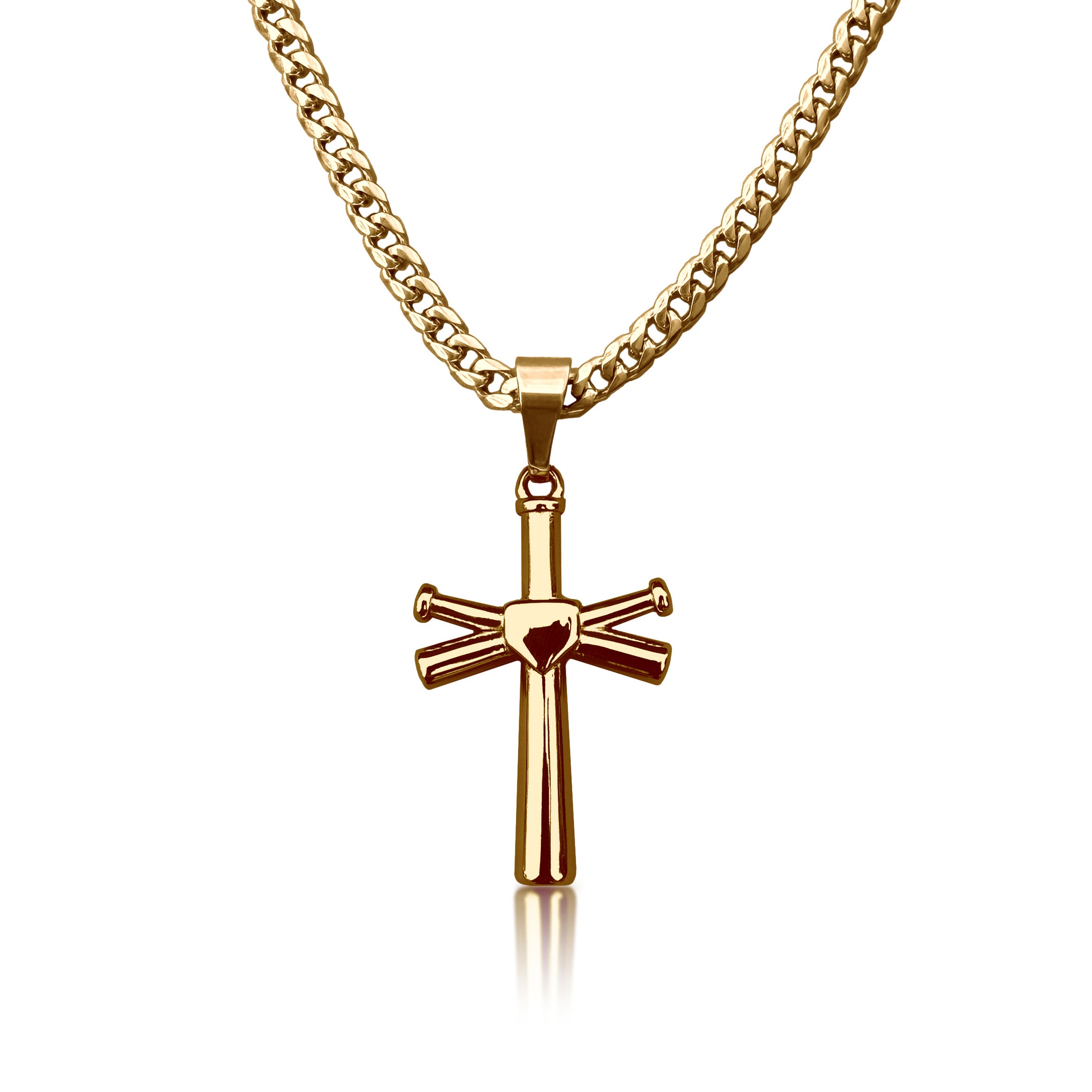 Pro Baseball Bat Cross Pendant Necklace - 14K Gold Plated Stainless Steel