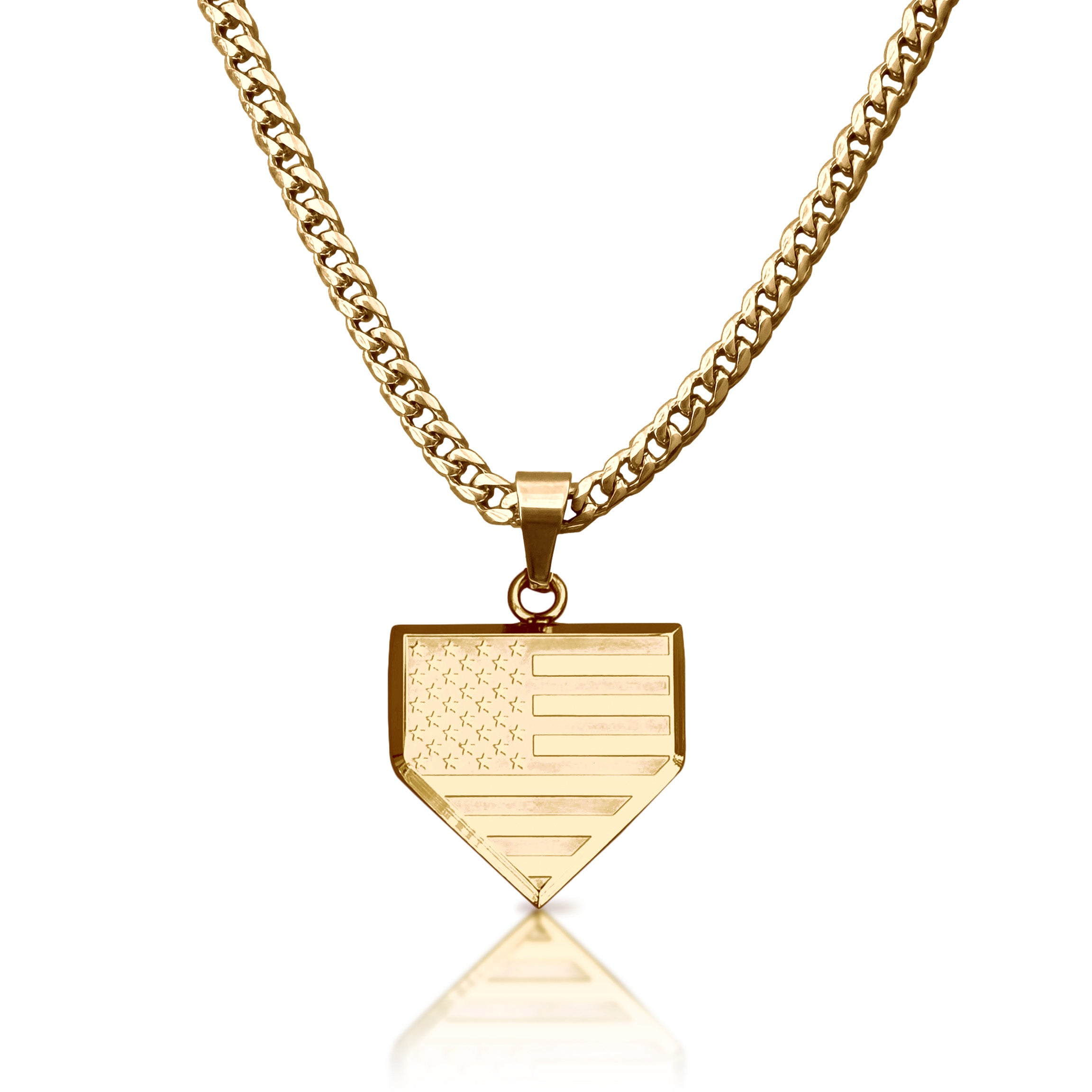 Pro USA Flag Home Plate Pendant Necklace - 14K Gold Plated Stainless Steel
