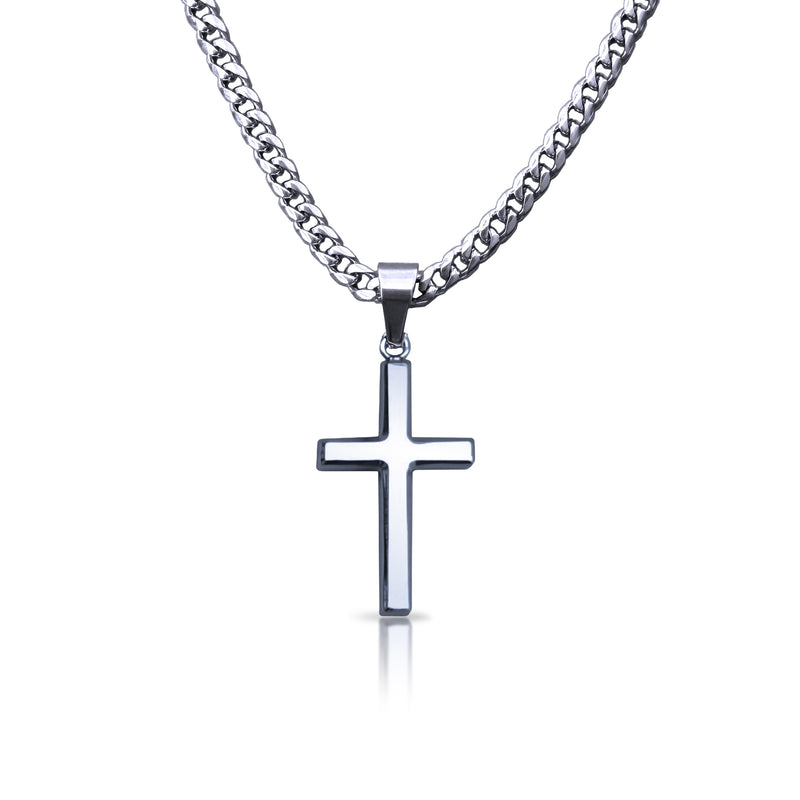 Silver cross pendant on a 4.5mm cuban chain against a white background