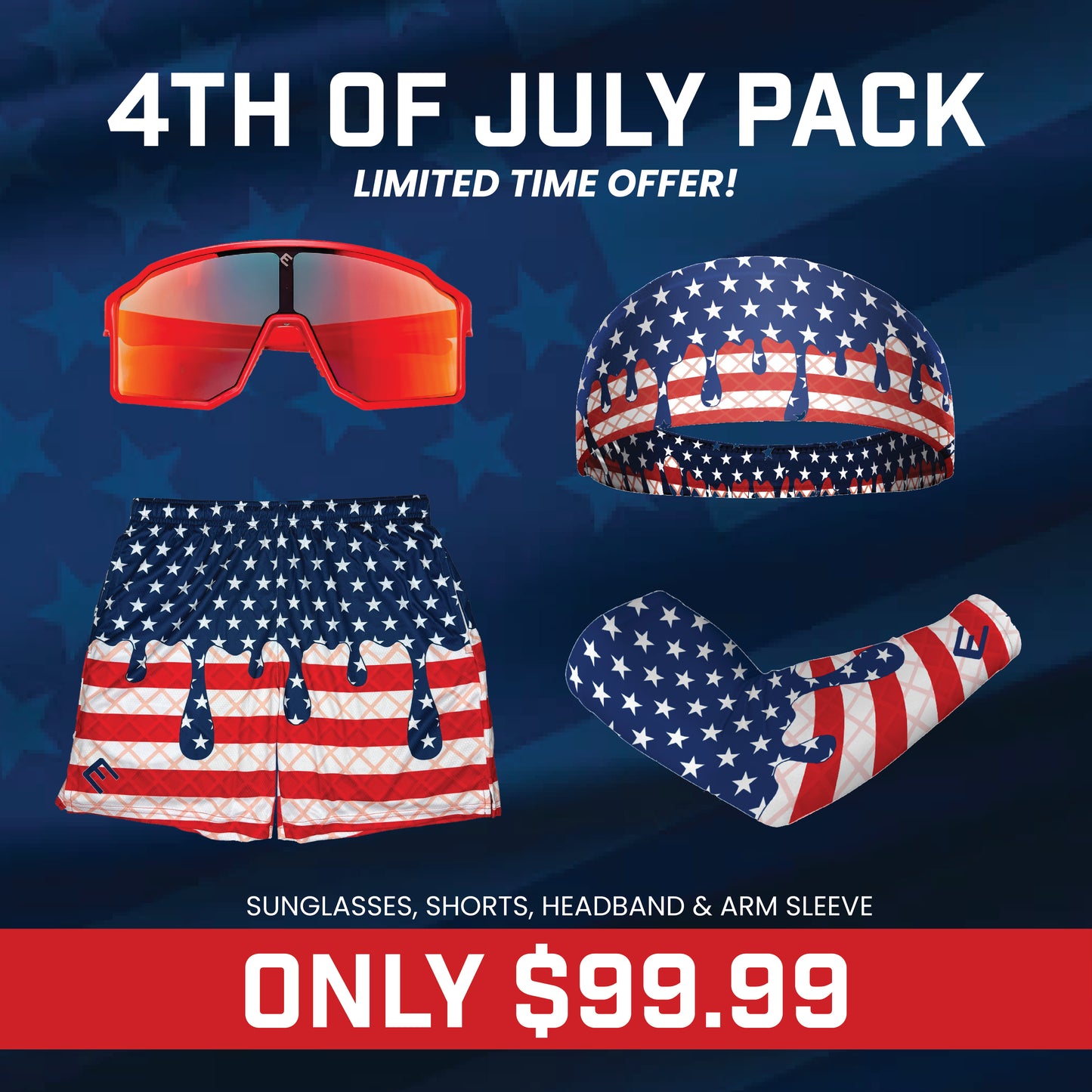 4th of July Pack | Shorts, Sunglasses, Arm Sleeve & Headband