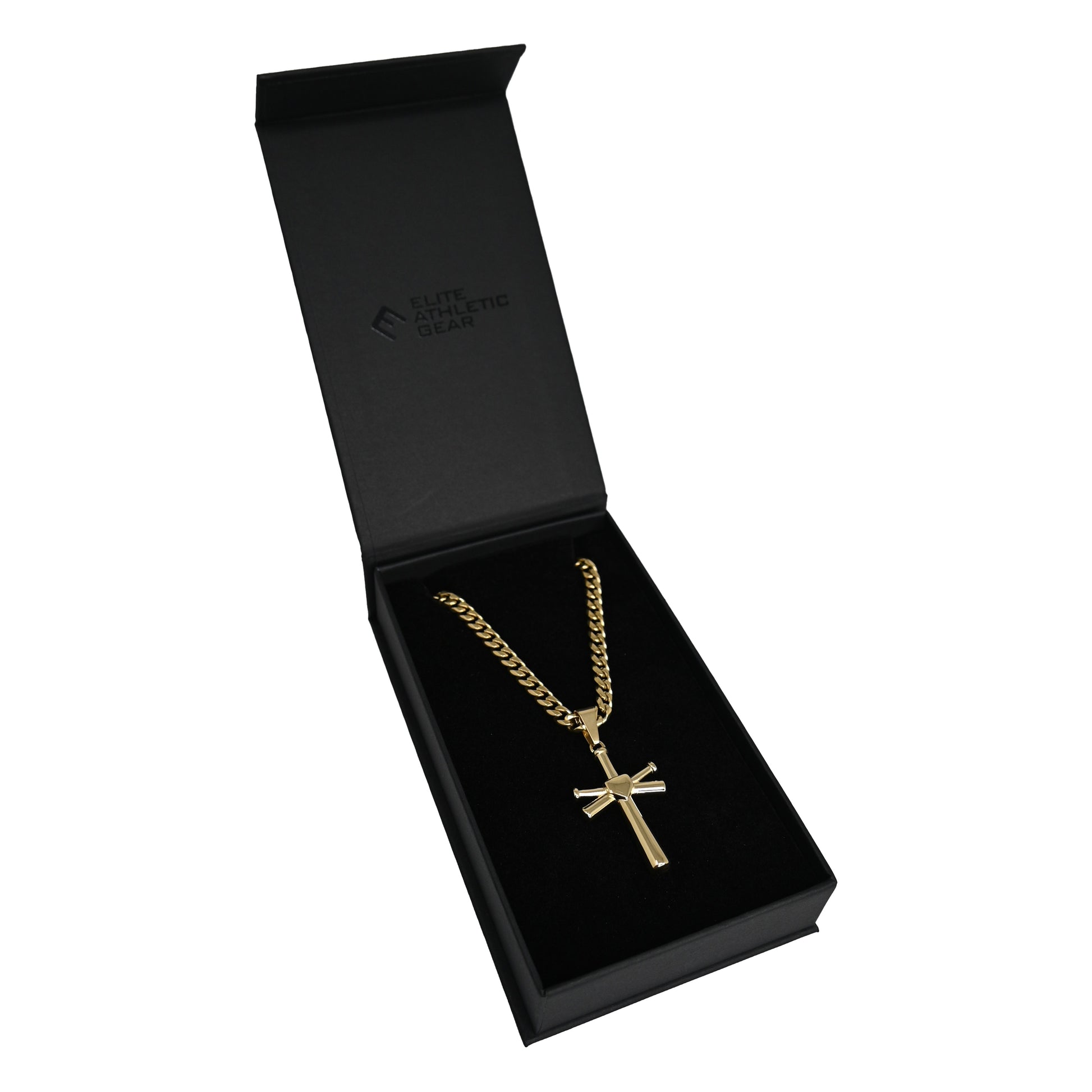 Pro Baseball Bat Cross Pendant With 6mm Cuban Link Chain Necklace - 14K Gold Plated Stainless Steel