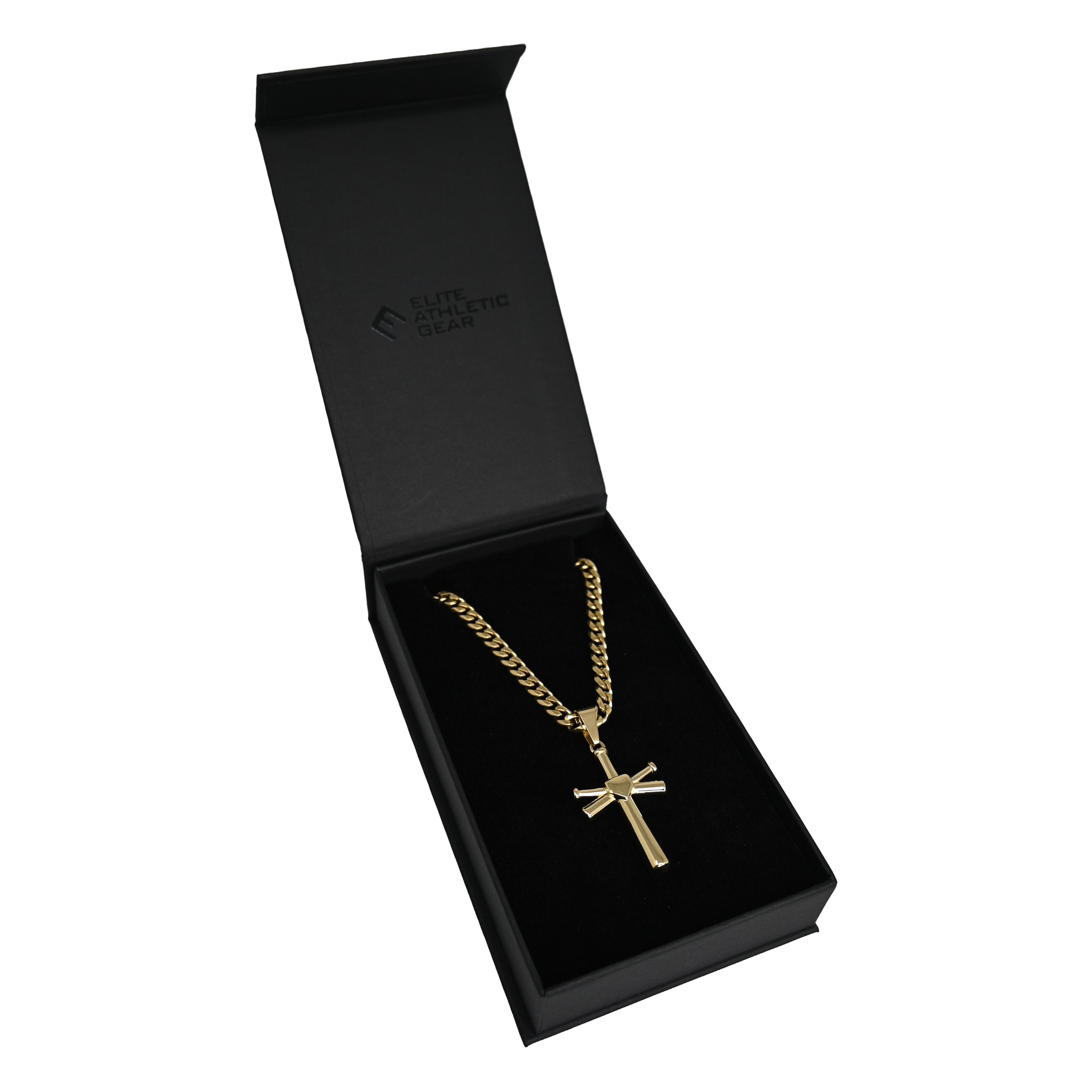 Pro Baseball Bat Cross Pendant Necklace - 14K Gold Plated Stainless Steel
