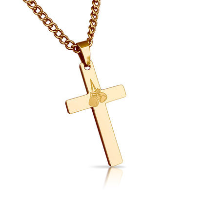 Boxing Cross Pendant With Chain Necklace - 14K Gold Plated Stainless Steel