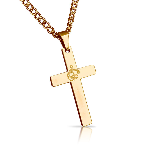 Fishing Cross Pendant With Chain Necklace - 14K Gold Plated Stainless Steel