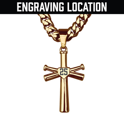 Pro Baseball Bat Cross Pendant With 6mm Cuban Link Chain Necklace - 14K Gold Plated Stainless Steel