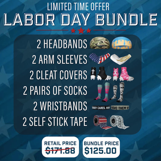 Labor Day Bundle | 2 Headbands, 2 Arm Sleeves, 2 Cleat Covers, 2 Socks, 2 Wristbands, 2 Tapes
