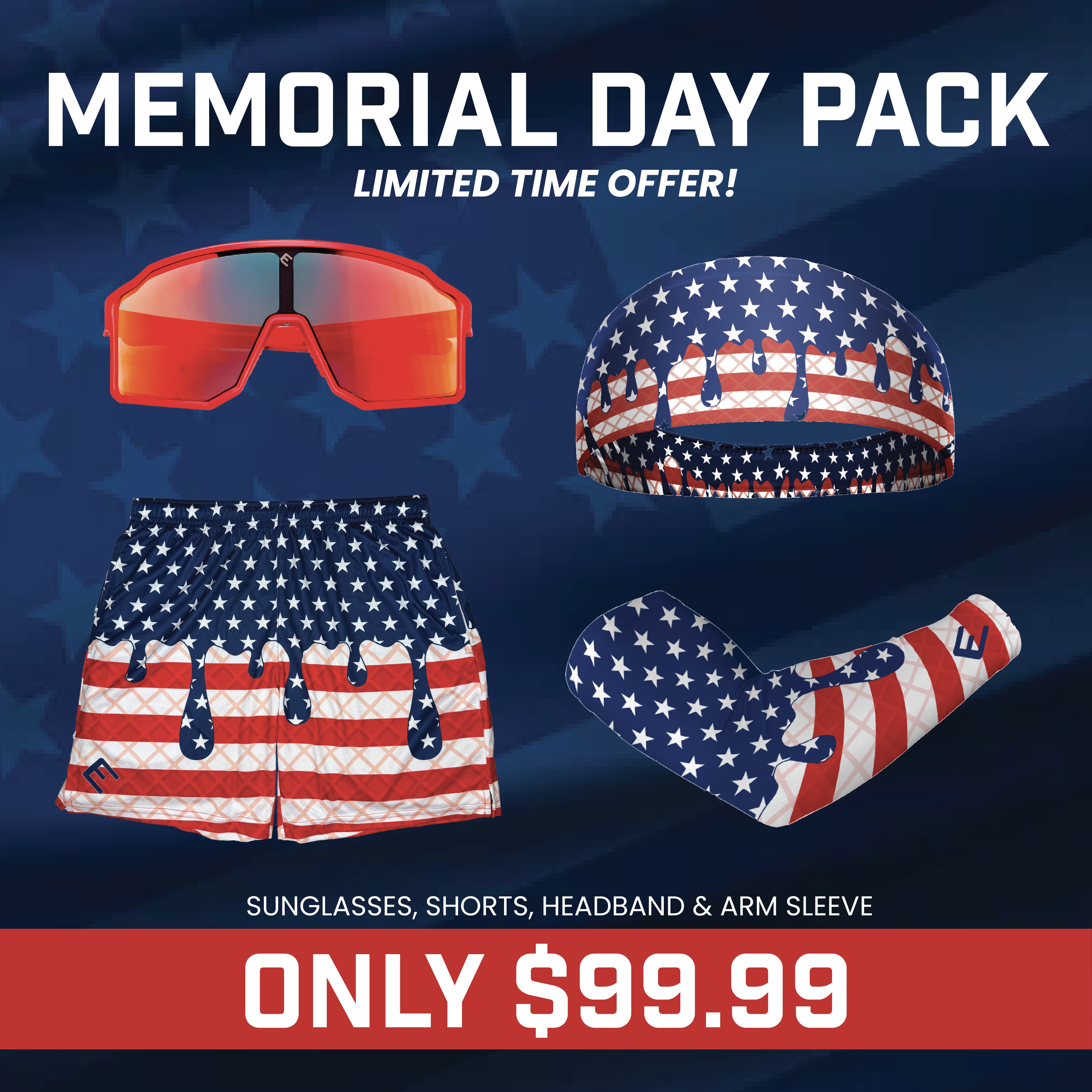Memorial Day Pack | Shorts, Sunglasses, Arm Sleeve & Headband