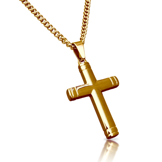 Pillar Cross Pendant Necklace - 14K Gold Plated Stainless Steel