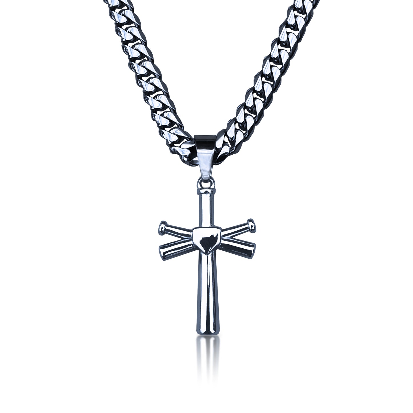 Pro Baseball Bat Cross Pendant With 6mm Cuban Link Chain Necklace - Stainless Steel