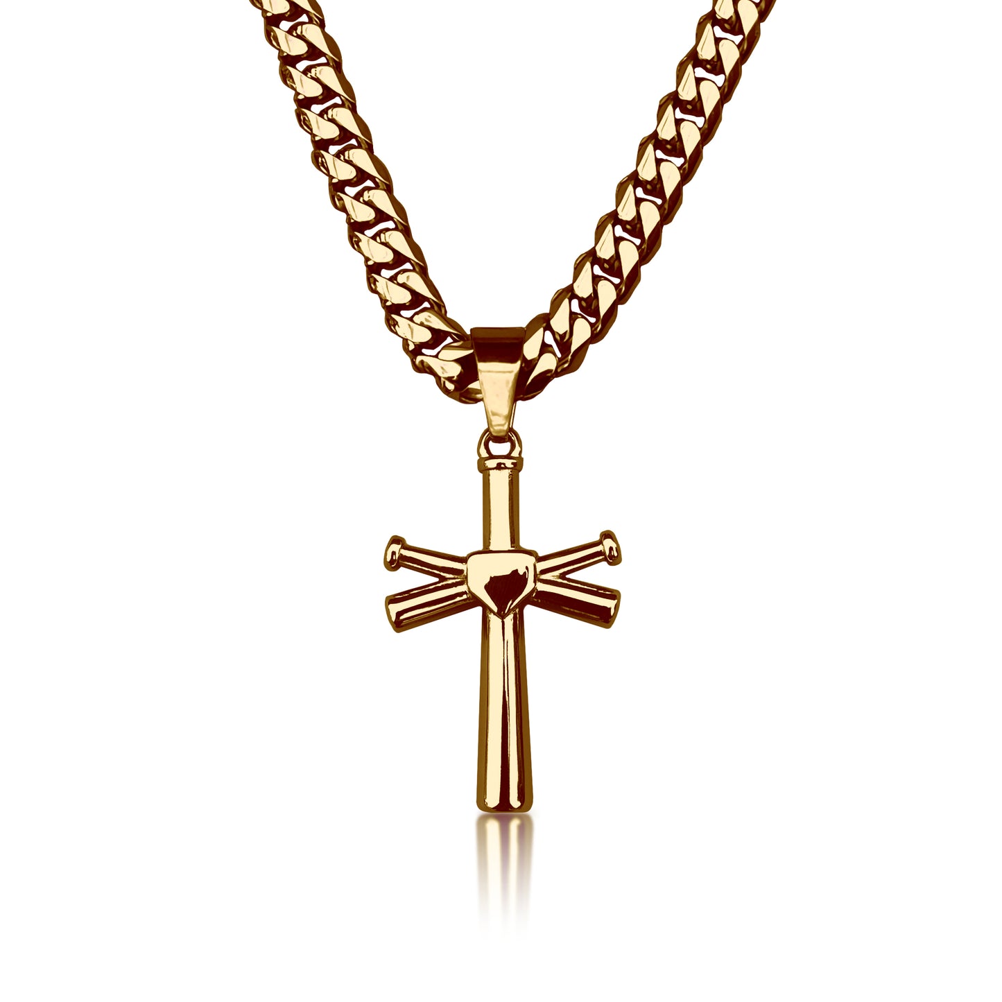 Pro Baseball Bat Cross Pendant With 6mm Cuban Link Chain Necklace - 14K Gold Plated Stainless Steel