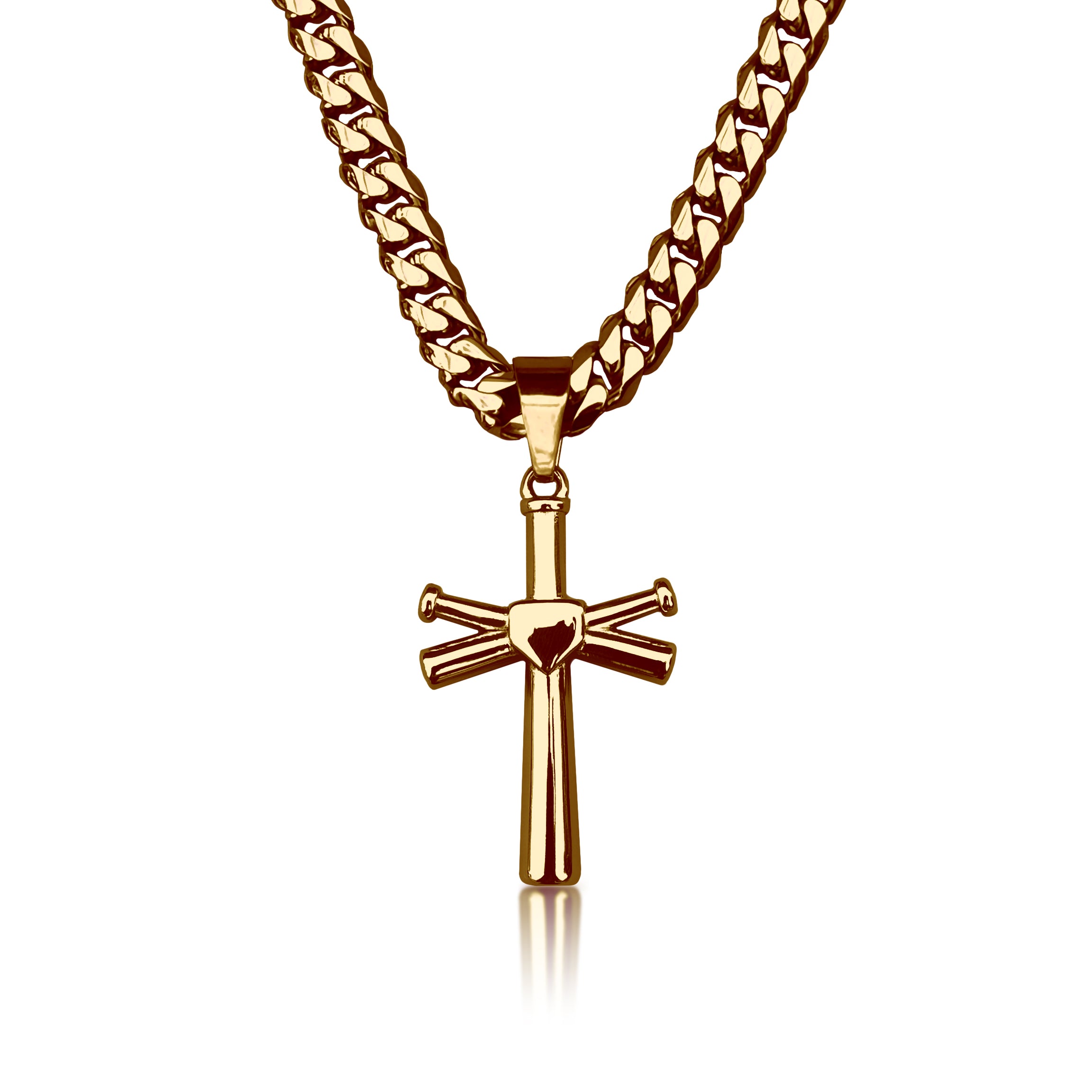 Pro Baseball Bat Cross Pendant Necklace - 14K Gold Plated Stainless Steel