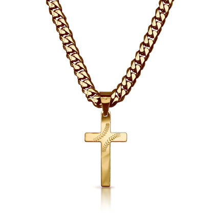 Pro Baseball Cross Pendant With 6mm Cuban Link Chain Necklace - 14K Gold Plated Stainless Steel