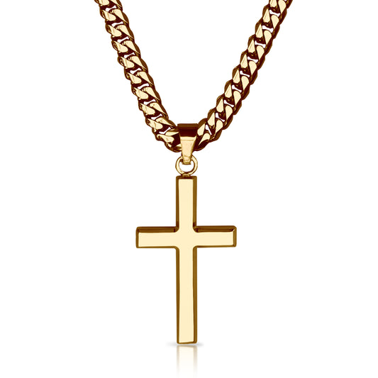 Pro Cross Pendant With 6mm Cuban Link Chain Necklace - 14K Gold Plated Stainless Steel