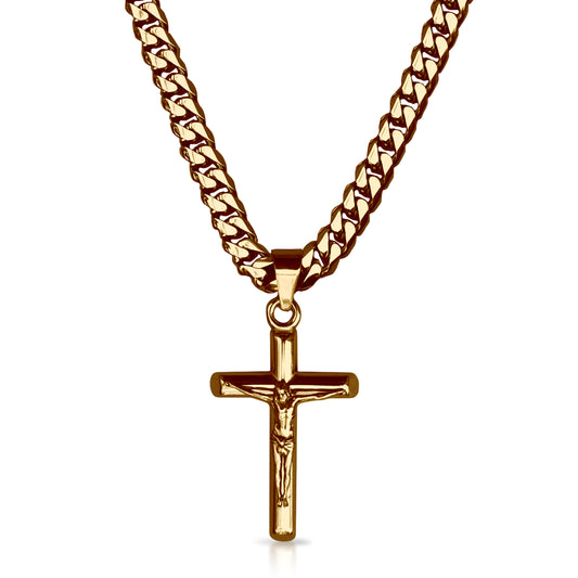 Pro Crucifix Pendant Pendant With 6mm Cuban Link Chain Necklace - 14K Gold Plated Stainless Steel