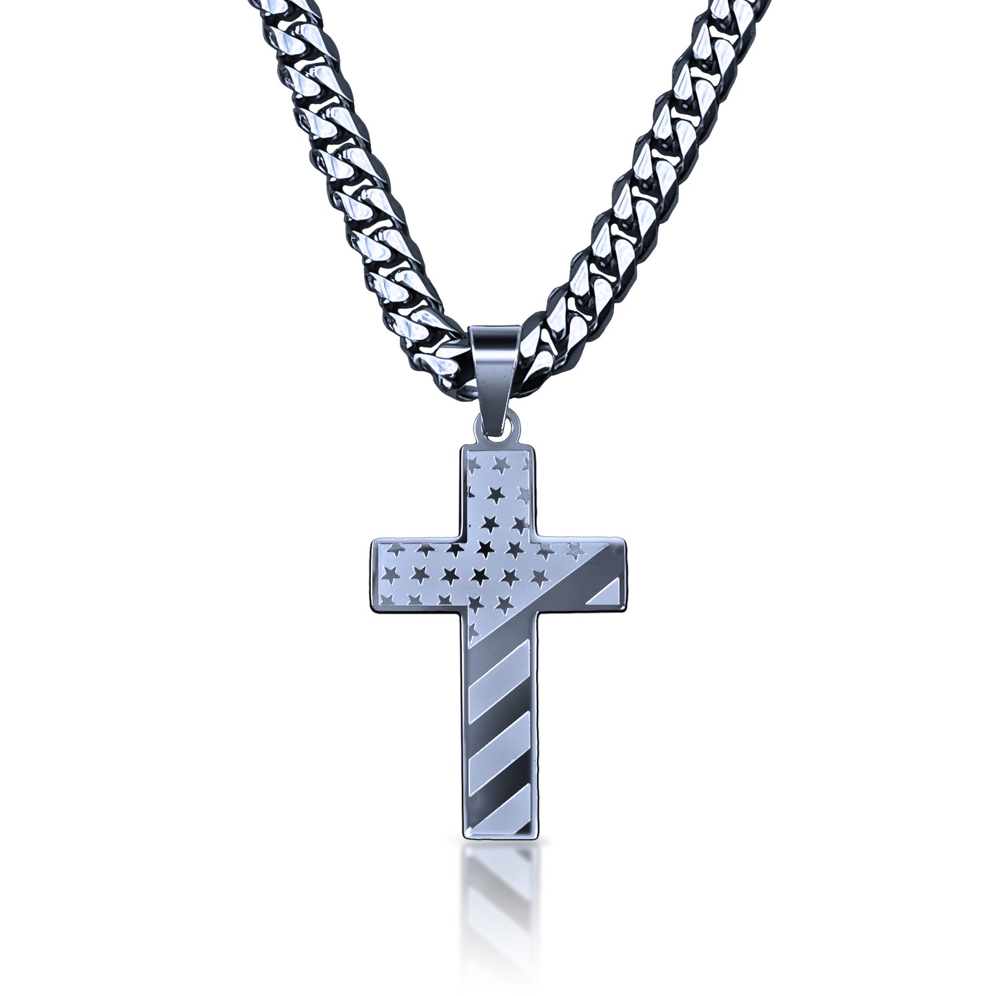 Pro USA Flag Cross Pendant With 6mm Cuban Link Chain Necklace - Stainless Steel