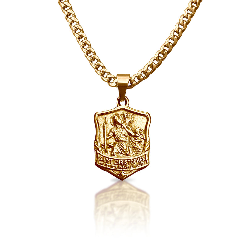 Pro Saint Christopher Pendant Necklace - 14K Gold Plated Stainless Steel