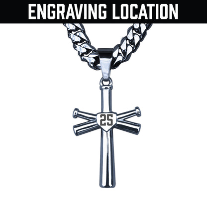 Pro Baseball Bat Cross Pendant With 6mm Cuban Link Chain Necklace - Stainless Steel