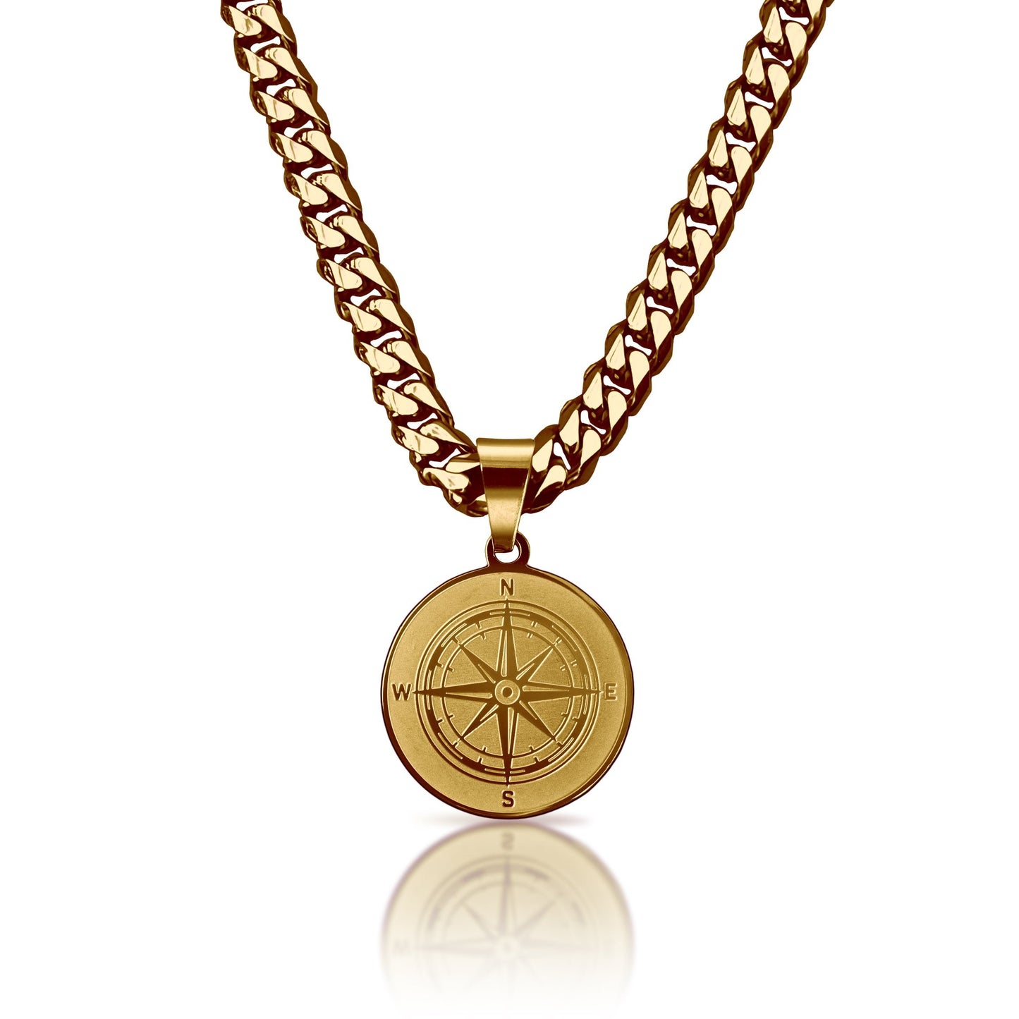 Pro Compass Pendant With 6mm Cuban Link Chain Necklace - 14K Gold Plated Stainless Steel