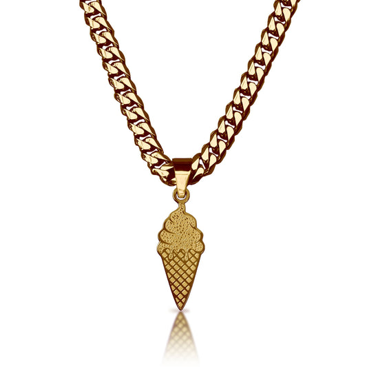 Pro Ice Cream Pendant With 6mm Cuban Link Chain Necklace - 14K Gold Plated Stainless Steel