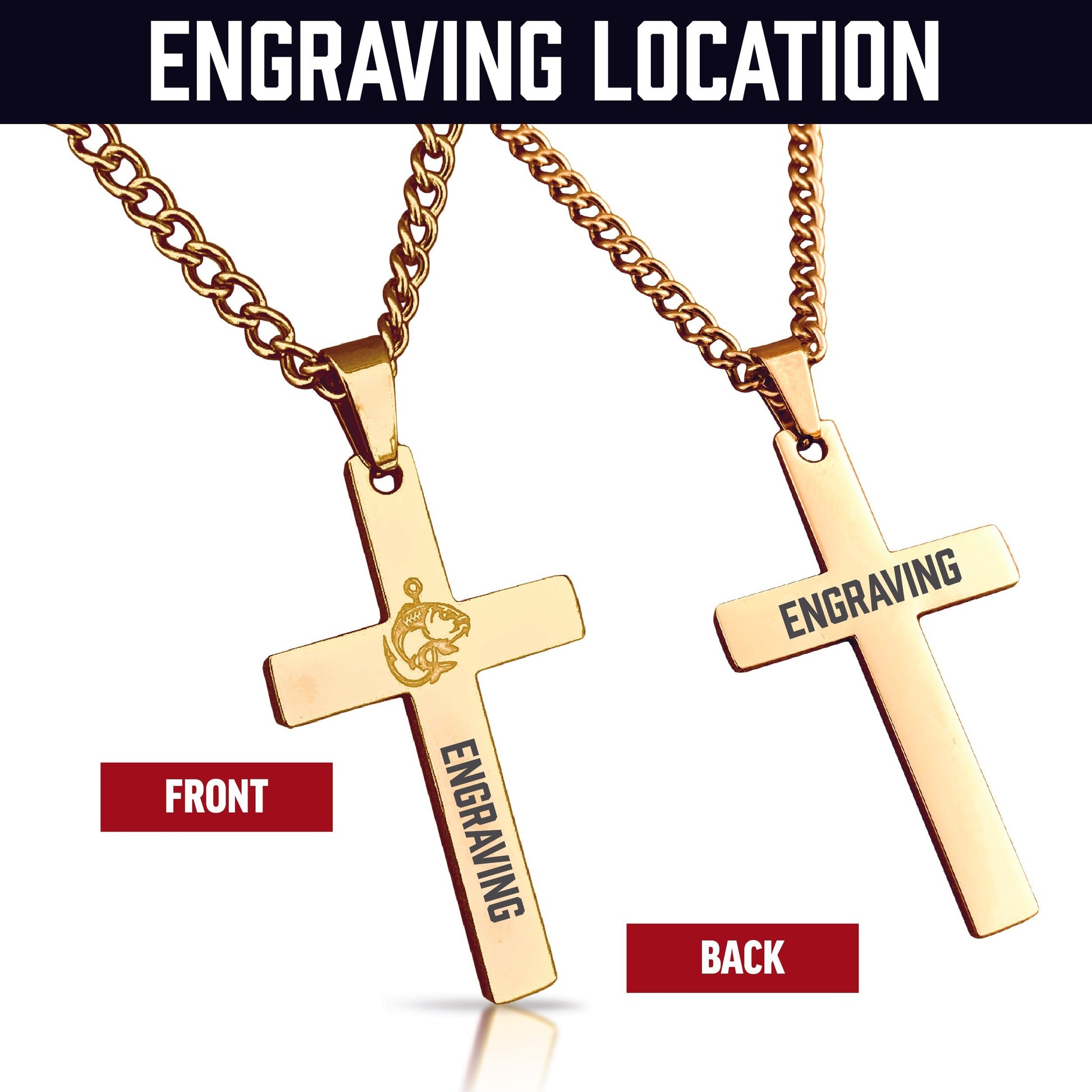 Fishing Cross Pendant With Chain Necklace - 14K Gold Plated Stainless Steel