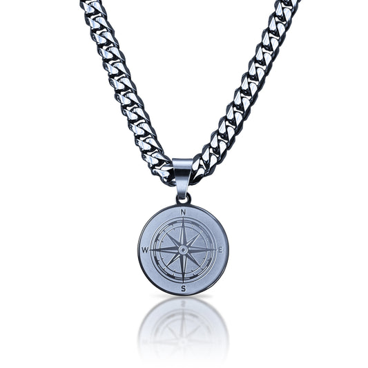 Pro Compass Pendant With 6mm Cuban Link Chain Necklace - Stainless Steel