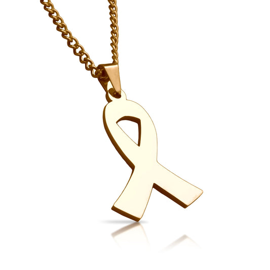 Cancer Ribbon Pendant With Chain Necklace - 14K Gold Plated Stainless Steel