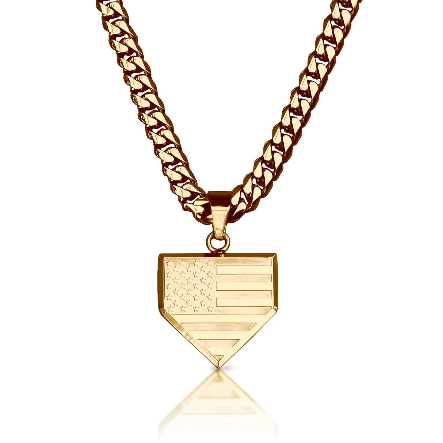 Pro USA Flag Home Plate Pendant With 6mm Cuban Link Chain Necklace - 14K Gold Plated Stainless Steel