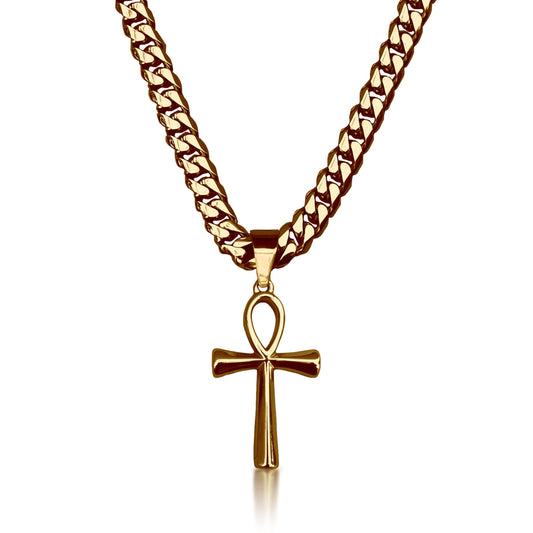 Pro Ankh Pendant With 6mm Cuban Link Chain Necklace - 14K Gold Plated Stainless Steel