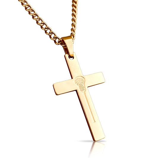 Lacrosse Cross Pendant With Chain Necklace - 14K Gold Plated Stainless Steel