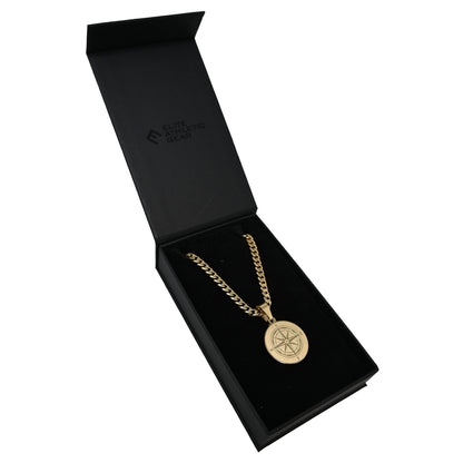 Pro Compass Pendant With 6mm Cuban Link Chain Necklace - 14K Gold Plated Stainless Steel