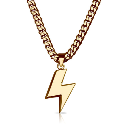 Pro Lightning Bolt Pendant With 6mm Cuban Link Chain Necklace - 14K Gold Plated Stainless Steel