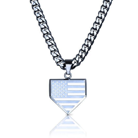 Pro USA Flag Home Plate Pendant With 6mm Cuban Link Chain Necklace - Stainless Steel