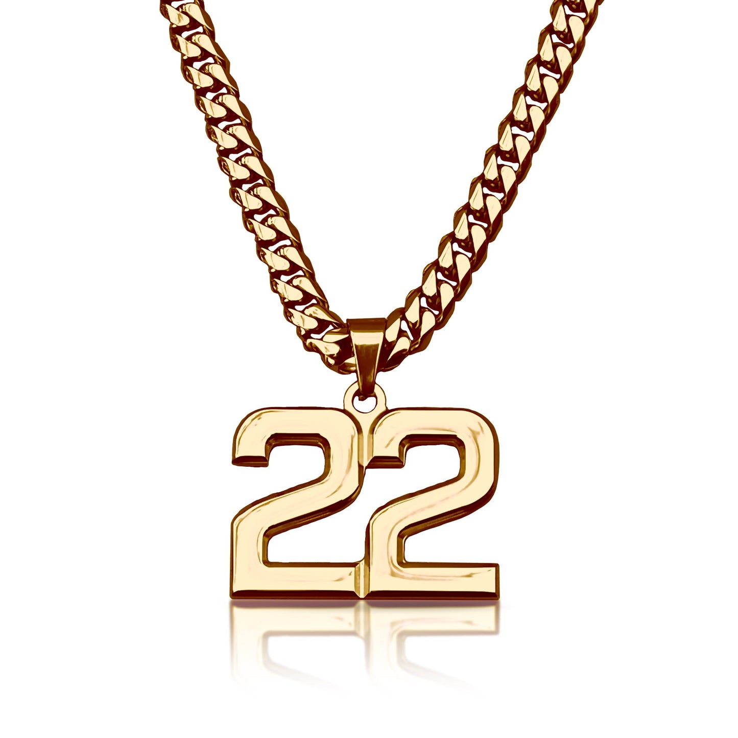 Pro Number Pendant With 6mm Cuban Link Chain Necklace - 14K Gold Plated Stainless Steel