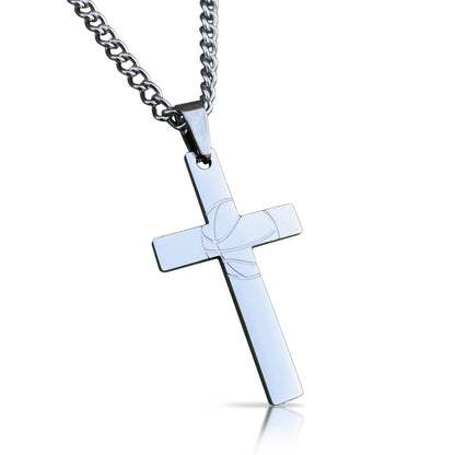 Basketball Cross Pendant With Chain Necklace - Stainless Steel