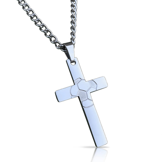 Soccer Cross Pendant With Chain Necklace - Stainless Steel